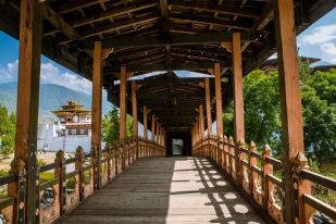 Bridge to Punakha Dzong main building over Punakha Chu River